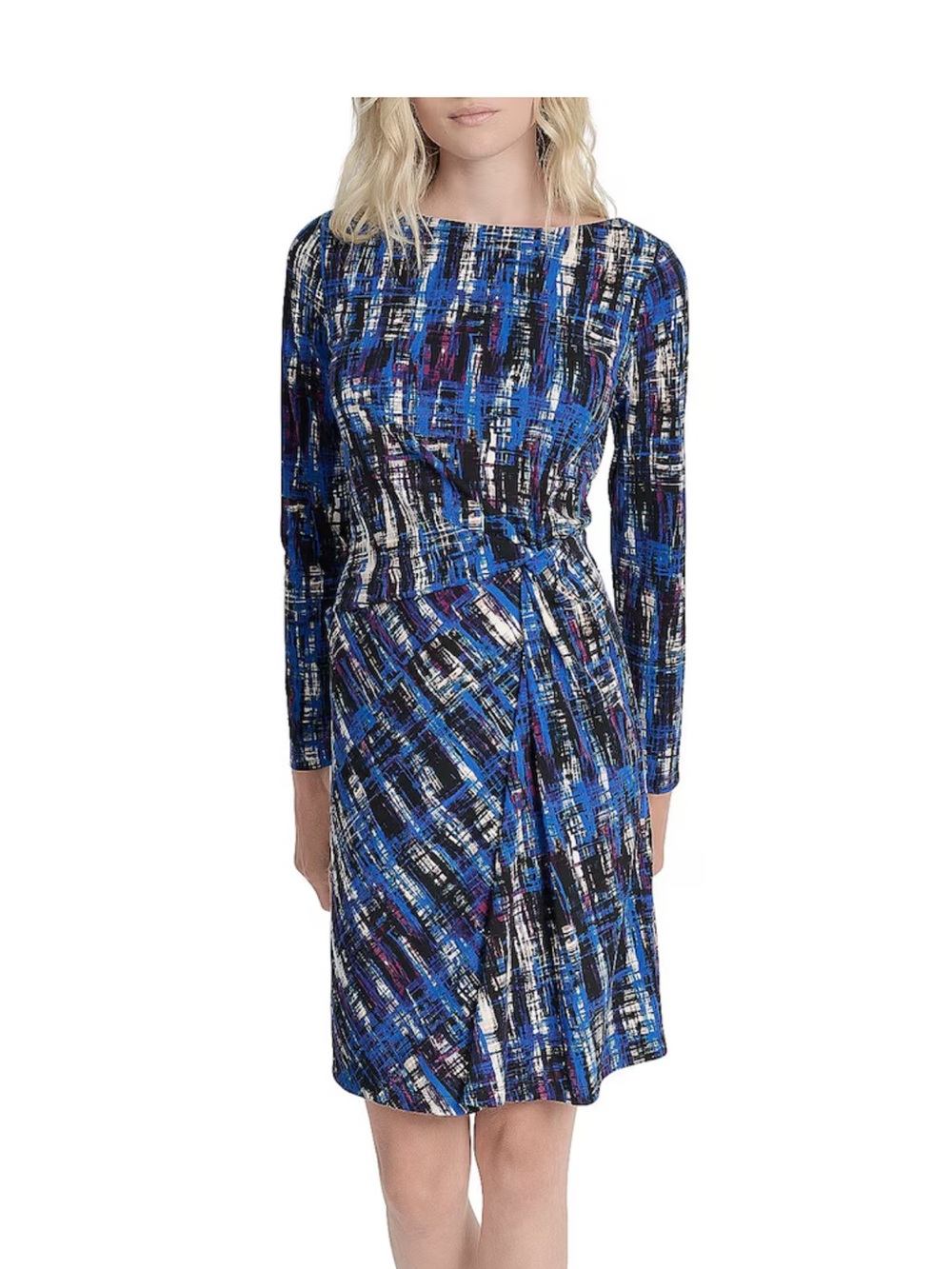 Nwt DKNY Blue Multi-Print Long Sleeve Knot-Waist Dress
